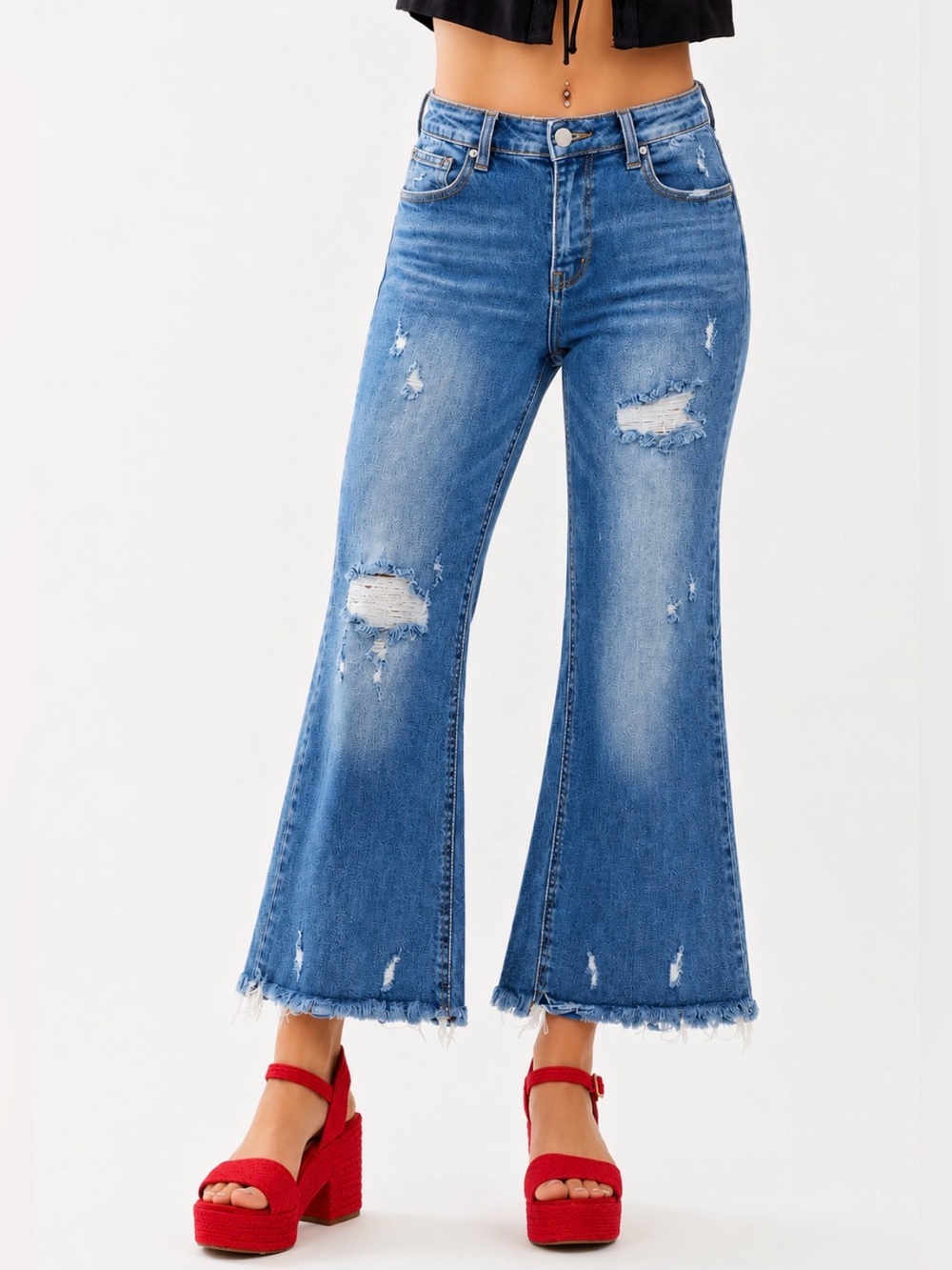 RISEN High Rise Distressed Cropped Flare Jeans Raw Hem Stretch 31x29